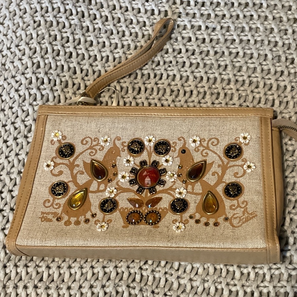 Amazing vintage Enid Collins 1960s wristlet with coins and birds. Rare design.